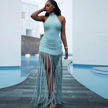 Load image into Gallery viewer, Winter Women Clothing Tassel Design Solid Color Sexy Halter Backless Dress