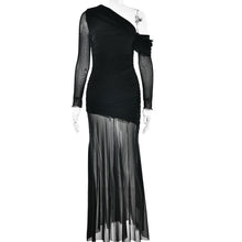 Load image into Gallery viewer, Women Dress Mesh Stitching Pleated Solid Color Long Sleeve Slim Fit Maxi Dress