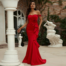 Load image into Gallery viewer, Off Neck Sleeveless Elegant Slim Fit Long Solid Color Cocktail Bridesmaid Dress Evening Dress 3D Decoration