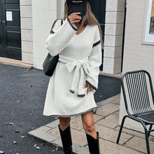 Load image into Gallery viewer, Idle Tie Waist Trimming Loose Knitted V neck Long Sleeve Fall Mid Length Dress Women