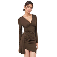 Load image into Gallery viewer, Design Pleated Slim Dress Women Autumn Winter Dark Brown V neck Long Sleeve Narrow Split Dress