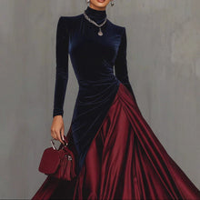 Load image into Gallery viewer, Spring Elegant Big Hem Umbrella Velvet Stitching Contrast Color Turtleneck Dress