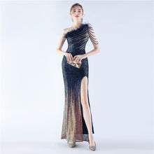 Load image into Gallery viewer, Gradient Sequin Craft Beaded Ostrich Feather Diagonal Collar One Shoulder Long Evening Dress