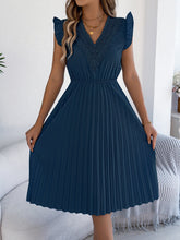 Load image into Gallery viewer, Women Clothing Spring Summer Casual Lace V neck Wooden Ear Cinched Pleated Dress