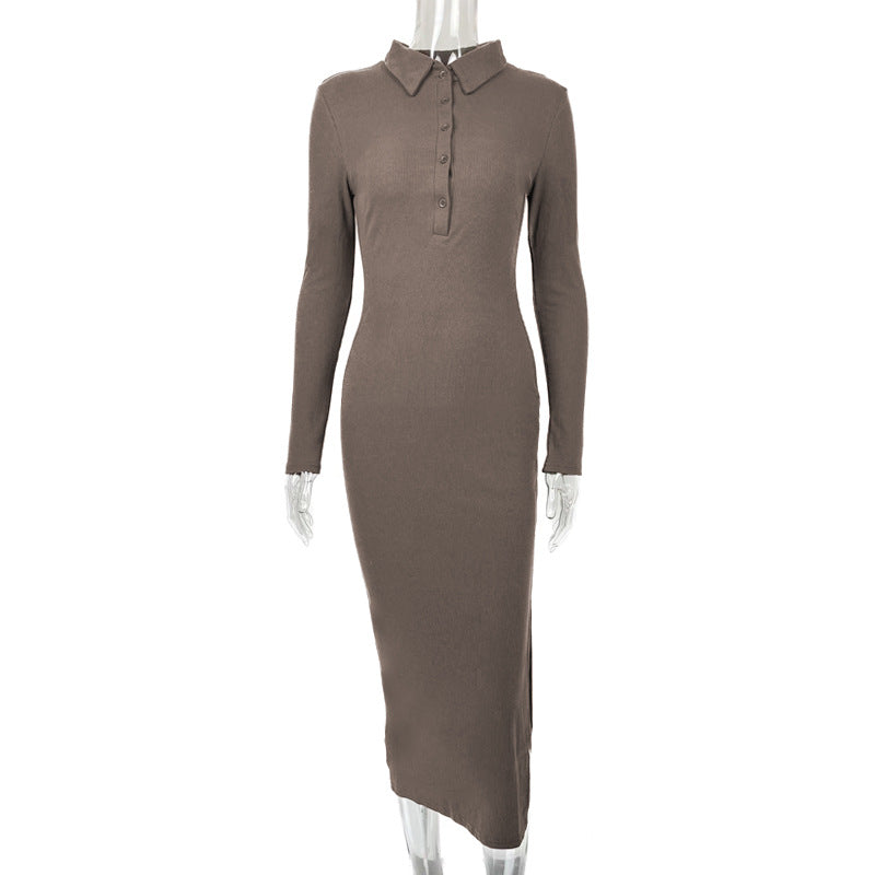 Autumn Winter Women Clothing Sexy Slit Slim Rib Button Long Sleeve Dress