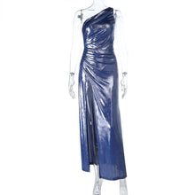 Load image into Gallery viewer, Sexy Oblique Shoulder Shiny Fabric Dress Autumn Waist Controlled Evening Dress
