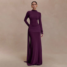 Load image into Gallery viewer, Women Clothing Winter Solid Color High Collar Long Sleeve Pinch Pleated Ribbon Elegant Maxi Dress