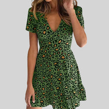 Load image into Gallery viewer, Summer Sexy V neck Mid Waist Short Dress Leopard Print Dress