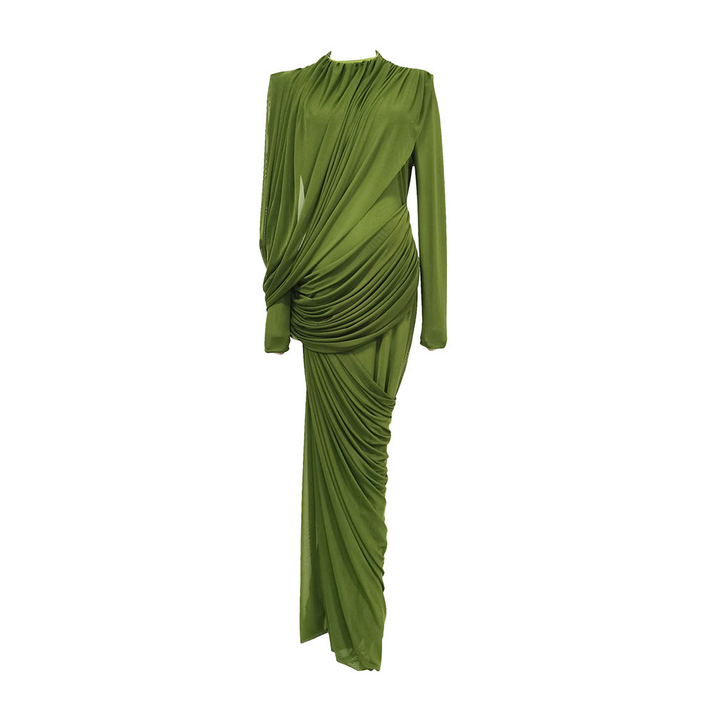 Elegant Retro Spring Pleated Tight Waist Slim Slimming High Waist round Neck Solid Color Dress for Women