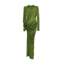 Load image into Gallery viewer, Elegant Retro Spring Pleated Tight Waist Slim Slimming High Waist round Neck Solid Color Dress for Women