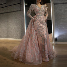 Load image into Gallery viewer, Women Dress Sexy V Neck Long Sleeve Gold Trailing Evening Dress