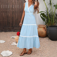 Load image into Gallery viewer, Patchwork Lace V neck Sleeveless Blue Striped Smocking Dress Women Clothing