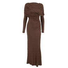 Load image into Gallery viewer, Fall Winter Elegant Long Sleeve Solid Color Knitted Slim Fit Maxi Dress Office Irregular Asymmetric Collar Dress for Women