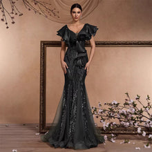 Load image into Gallery viewer, Elegant Ruffle Sleeve Sequin Elegant Cocktail Party Dinner Dress Backless Luxury Fishtail Graduation Evening
