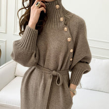 Load image into Gallery viewer, Japanese Korean Lace up Waist Trimming Knitted Dress Autumn Winter Loose Slimming All Matching Turtleneck Long Sweater for Women