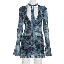 Load image into Gallery viewer, Women Clothing Autumn Printed Mesh Halter Tied Long Sleeves Short Dress with Safety Pants