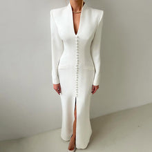 Load image into Gallery viewer, V neck Long Sleeve High Waist Split French Dress Women Party Long Dress