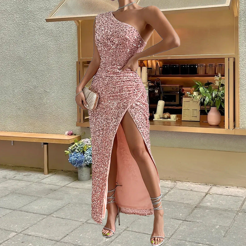 Women Clothing Spring Sexy Sequined One Shoulder Sleeveless Split Solid Color Dress