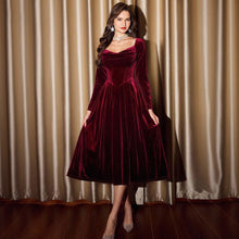 Load image into Gallery viewer, French Romantic Tea Break Wine Red Velvet Square Collar Long Sleeve Dress Autumn Winter Retro Mid Length A line Dress