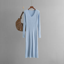 Load image into Gallery viewer, Autumn Winter V neck Knitted Dress Outer Wear Straight Slimming Long Sleeve Sunken Stripe Slit Base Overknee Sweater Dress