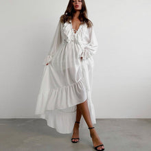 Load image into Gallery viewer, Drawstring V neck Flared Sleeves Chiffon Dress Asymmetric Design White Casual Long A line Dress
