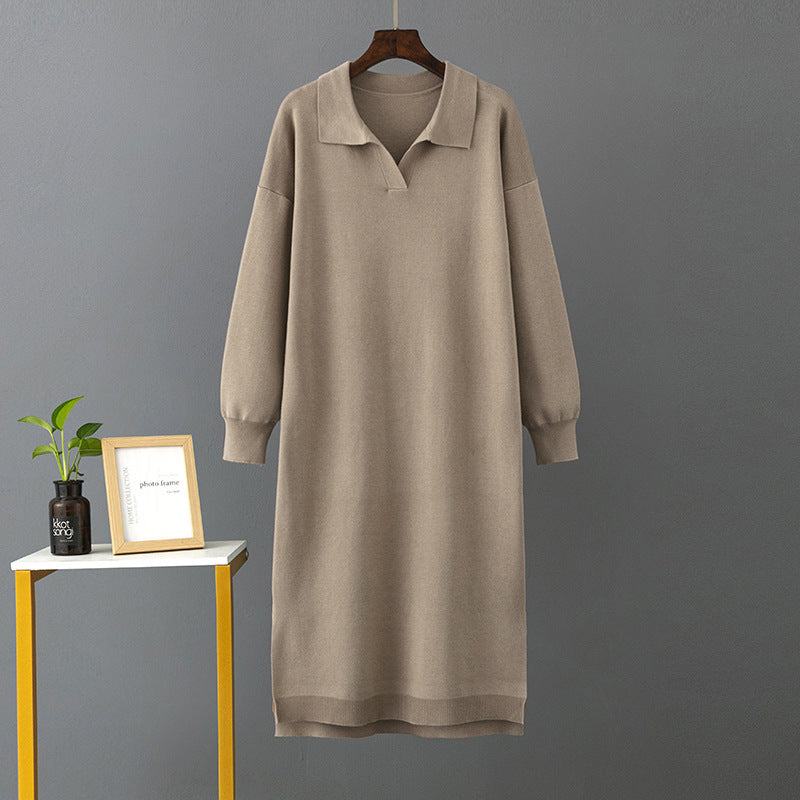 Autumn Winter Polo Collar Base Knitting Loose Solid Color Women Dress