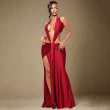 Load image into Gallery viewer, Women Clothing Spring Solid Color Halter Sleeveless Sexy Backless Deep V Plunge Ribbon Maxi Dress