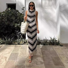 Load image into Gallery viewer, Sexy Tight Striped Tassel Knitted Dress Women Sleeveless Summer Midi Dress