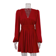 Load image into Gallery viewer, French Pleated Dress Women Puff Sleeve V neck Waist Seal Slimming Satin A line Dress