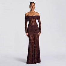 Load image into Gallery viewer, Autumn Elegant Lace Stitching off Shoulder Long Sleeve Narrow Dress Maxi Dress Women Evening Dress