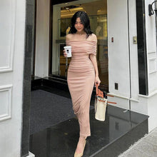 Load image into Gallery viewer, Spring Off Shoulder Pleated Dress Slim Fit Slimming Slit Bottoming Formal Dress