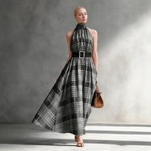 Load image into Gallery viewer, Halter Sleeveless Plaid High Waist Lace up Waist Draping Effect Large Hem A line Dress French Dress