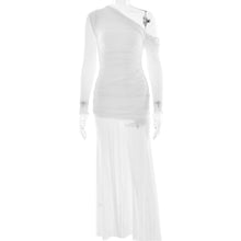 Load image into Gallery viewer, Women Dress Mesh Stitching Pleated Solid Color Long Sleeve Slim Fit Maxi Dress