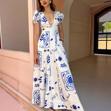 Load image into Gallery viewer, Low Cut V Neck Printed Puff Sleeve Large Swing Cotton Linen Dress