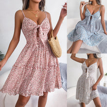 Load image into Gallery viewer, Spring Summer Floral Bow V-neck Ruffled Large Swing Dress Holiday Cami Dress Women Clothing