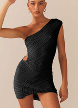 Load image into Gallery viewer, Sleeveless One Shoulder Sexy Knitted Dress Hollowed Out Mini Sheath Summer Skinny Short Dress