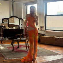 Load image into Gallery viewer, Spring Women Clothing Suspenders Personality Stitching Mesh See through Sexy Slit Dress