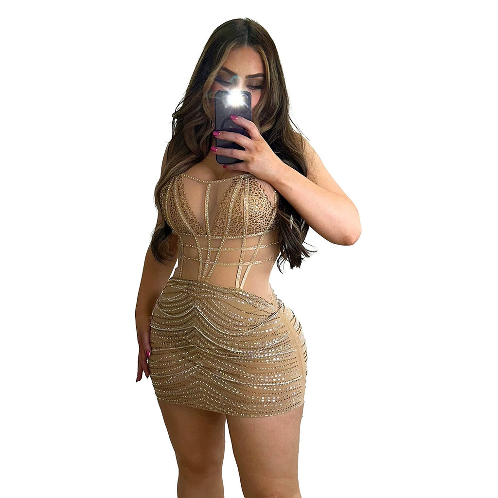Women Wear Solid Color Spaghetti Straps Sleeveless Mesh Drilling Dress