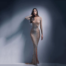 Load image into Gallery viewer, Spring Rhinestone Women Clothing Mesh See through Long Sleeve Split Maxi Dress