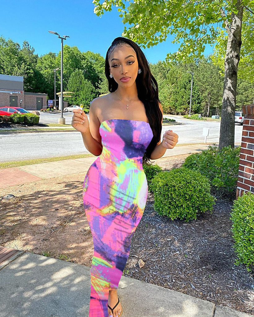 Women Clothing Spring Summer Colorful Tie Dye off Shoulder Tube Top Dress