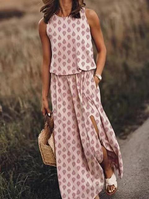 Spring Summer Women Clothing round Neck Sleeveless Dress Split Solid Color Casual Office Dress