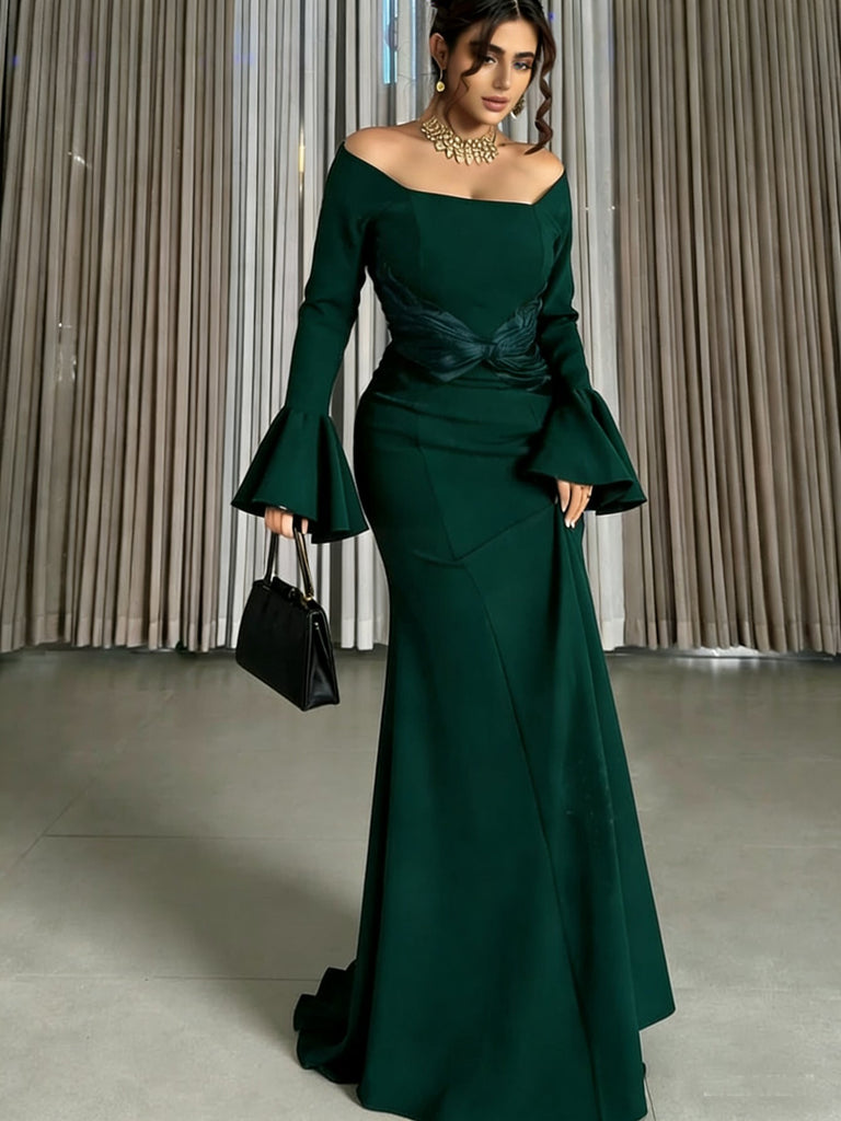 Women Clothes Long Sleeve off Shoulder Stitching Ruffle Slim Dress