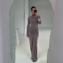Load image into Gallery viewer, Autumn Winter Sexy Slimming Beam Waist Solid Color Maxi Dress Pleated Dress Women