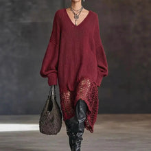 Load image into Gallery viewer, V neck Knitted Dress Irregular Asymmetric Hem Hollow Out Cutout out Loose Dress