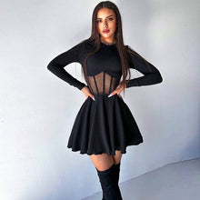 Load image into Gallery viewer, Fall Women Clothing Half High Collar Long Sleeves Mesh Patchwork See through Boning Corset Tight Waist Short Dress
