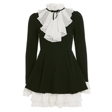 Load image into Gallery viewer, Elegant Hepburn Wind Black Velvet Dress Women Self Tie Lace Faux Two Piece Dress