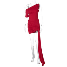 Load image into Gallery viewer, Women Clothing Spring Solid Color Sexy Oblique Shoulder Single Sleeve Asymmetric Ribbon Skinny Hip Dress