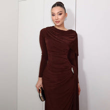 Load image into Gallery viewer, Autumn Winter Slim Fitted Waist Pleated Ribbon Solid Color Maxi Dress