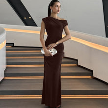 Load image into Gallery viewer, Women Clothing Summer Pleated Waist Tight Slimming Shoulder Hollow Out Cutout Sexy Solid Color Dress