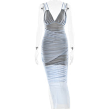 Load image into Gallery viewer, Suspender Deep V Plunge Sexy Dress Sexy Pleated Slim Mesh Dress